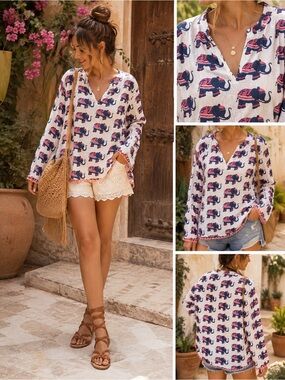 Madison Mathews White Cotton Pink Navy Elephant Lightweight Top Boho